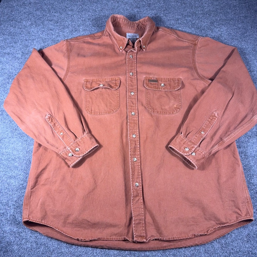 Vintage Carhartt Mens 2XL Tall Orange Cotton Twill Long Sleeve Button Distressed
